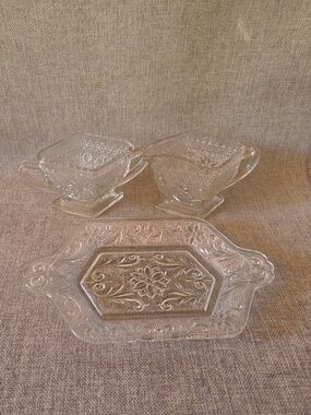 Vintage Indiana Glass Sandwich Clear Diamond Cream & Sugar With Tray
